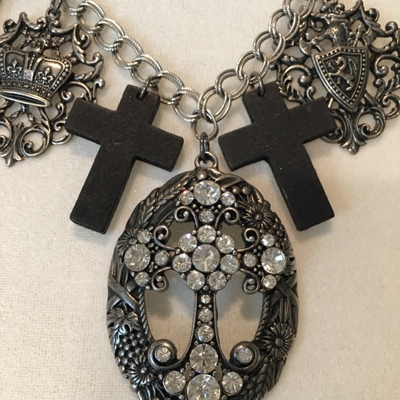 Necklace w/ Rhinestone Cross Pendant & small wooden crosses - Picture 3 of 5